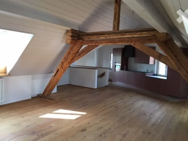 Loft-artige Dachwohnung in ehemaligem Bauernhaus mit grossem Gartensitzplatz am Bach