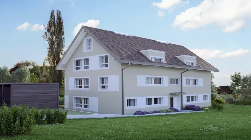 Nouveau bâtiment 2027 : 150 m² d'espace de vie sur deux étages, galerie ouverte avec baignoire indépendante et norme Minergie