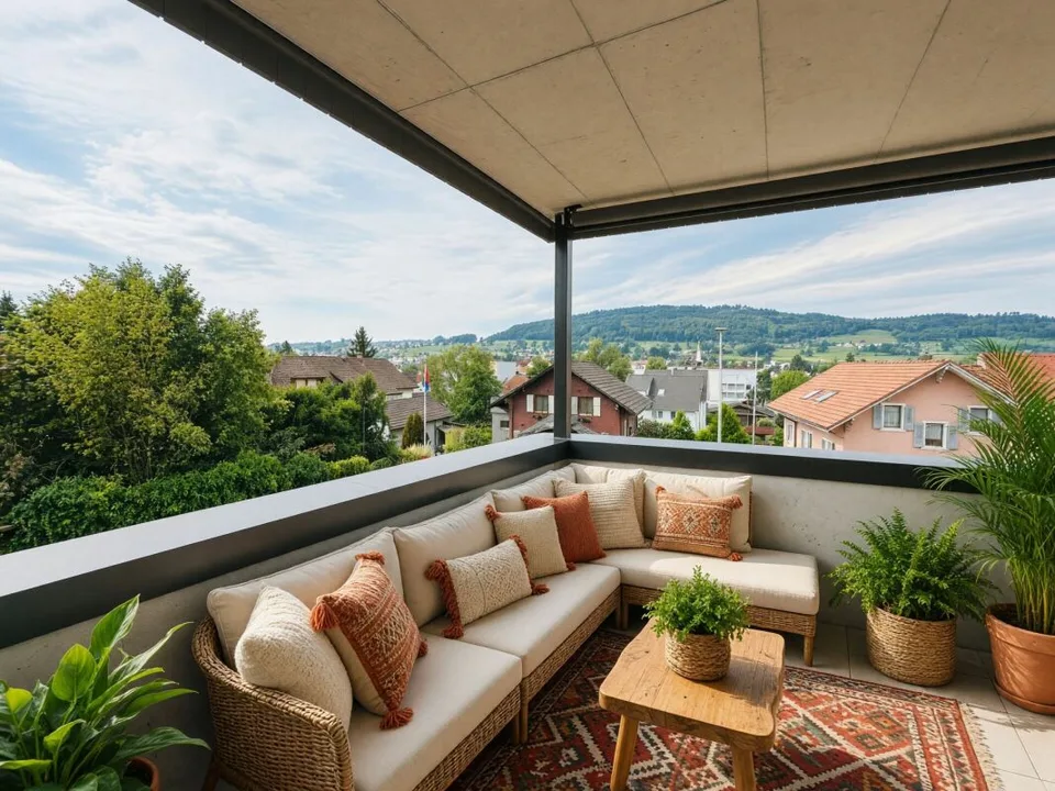 Balcon couvert avec une vue lointaine dans le vert