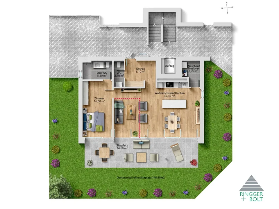 Moderne 2.5-Zimmer-Gartenwohnung mit grosszügigem Sitzplatz in Zwillikon