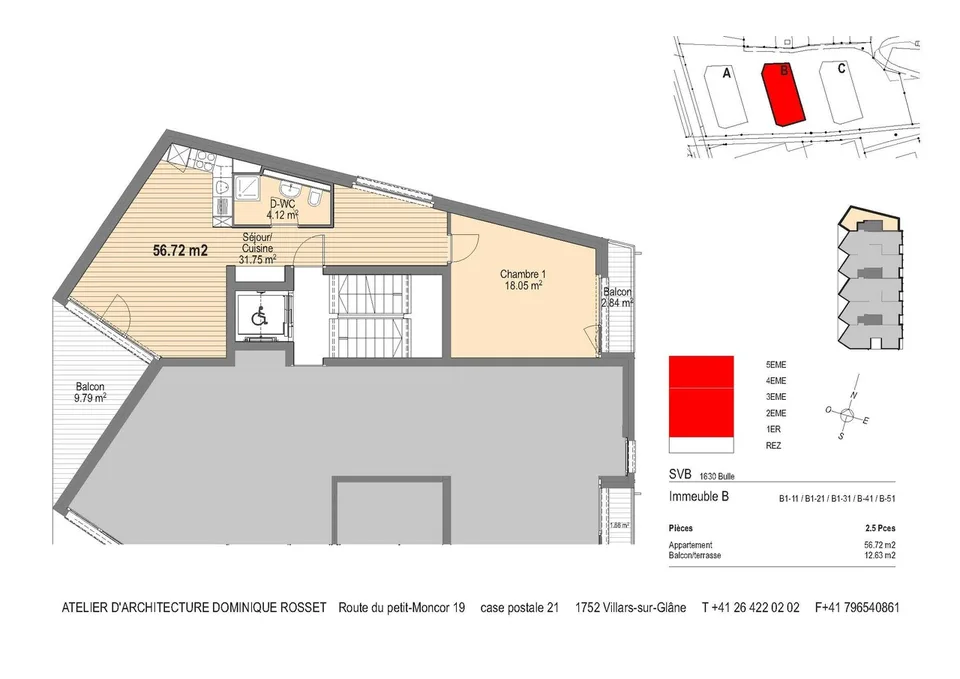 Lumineux 2.5 pièce de 56 m2