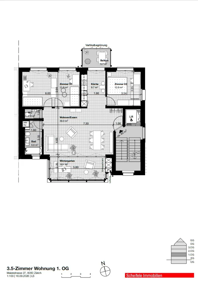 Appartement charmant de 3,5 à 4,5 pièces avec jardin d'hiver et balcon à Zurich-Oerlikon – photo 4 sur 5