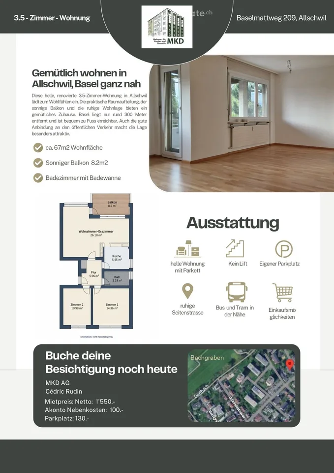 Renovierte 3.5-Zimmer-Wohnung mit Balkon in Allschwil, nahe Basel – Foto 2 von 6
