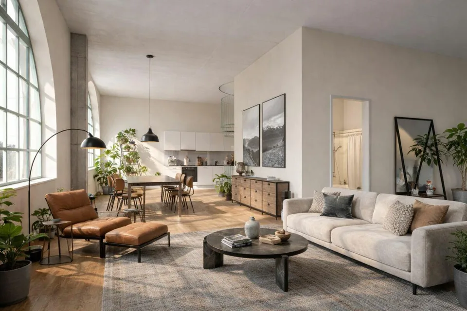 Appartement loft unique avec fenêtres en arc et terrasse sur le toit