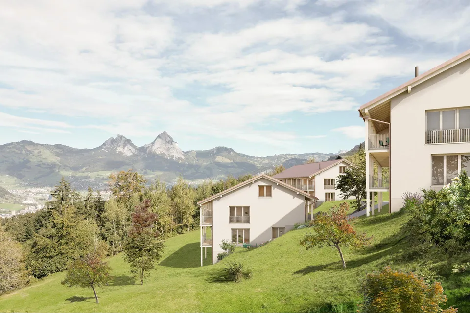 Appartement de jardin neuf avec vue sur la montagne et le lac partiel à Seelisberg