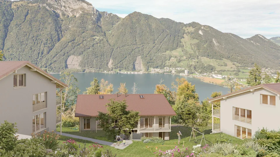 Maisonnette neuve avec vue sur le lac et les montagnes à Seelisberg
