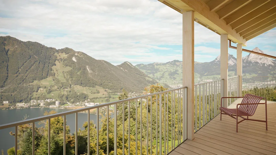 Maisonnette neuve avec vue sur le lac et les montagnes à Seelisberg