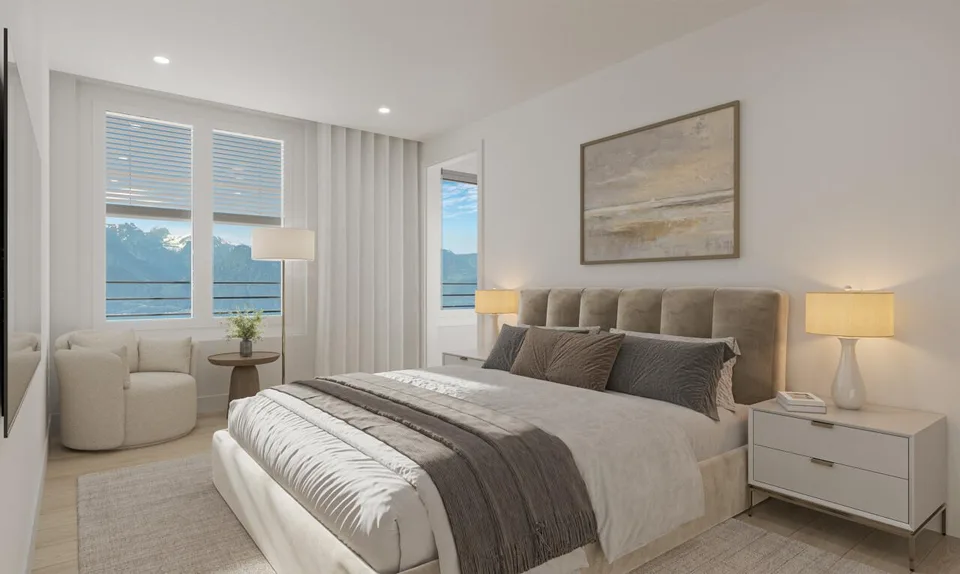 Neues zeitgenössisches Apartment mit großem, hellem Balkon