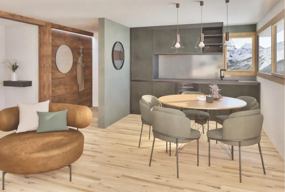 Nuovo appartamento di 2.5 locali in uno degli antichi villaggi, Hohnegg, sopra Saas-Fee. Accesso sportivo dal centro del villaggio, Lomatte o Wildi. Raggiungibile in e-bike tutto l'anno.