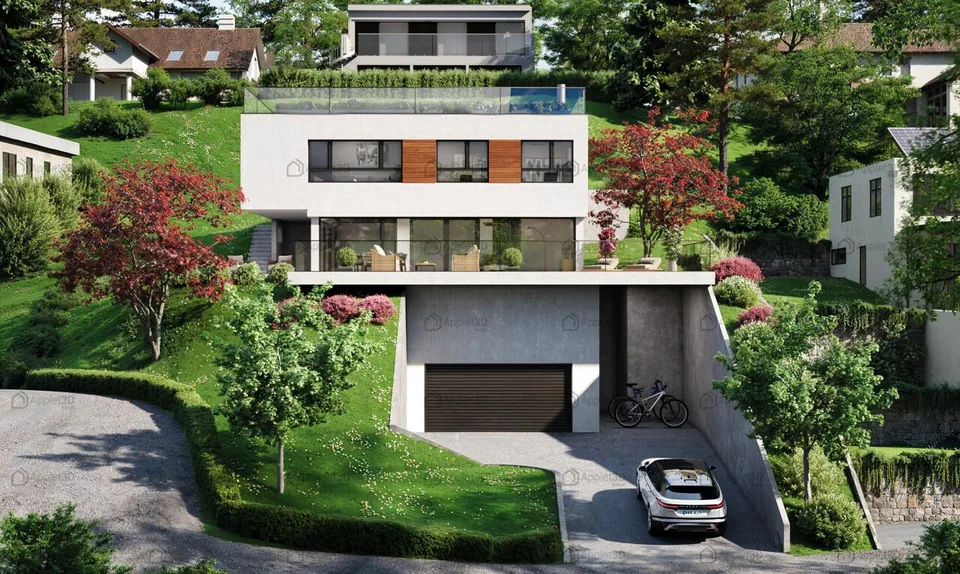 Villa architettonica con vista panoramica sul lago e sulle montagne