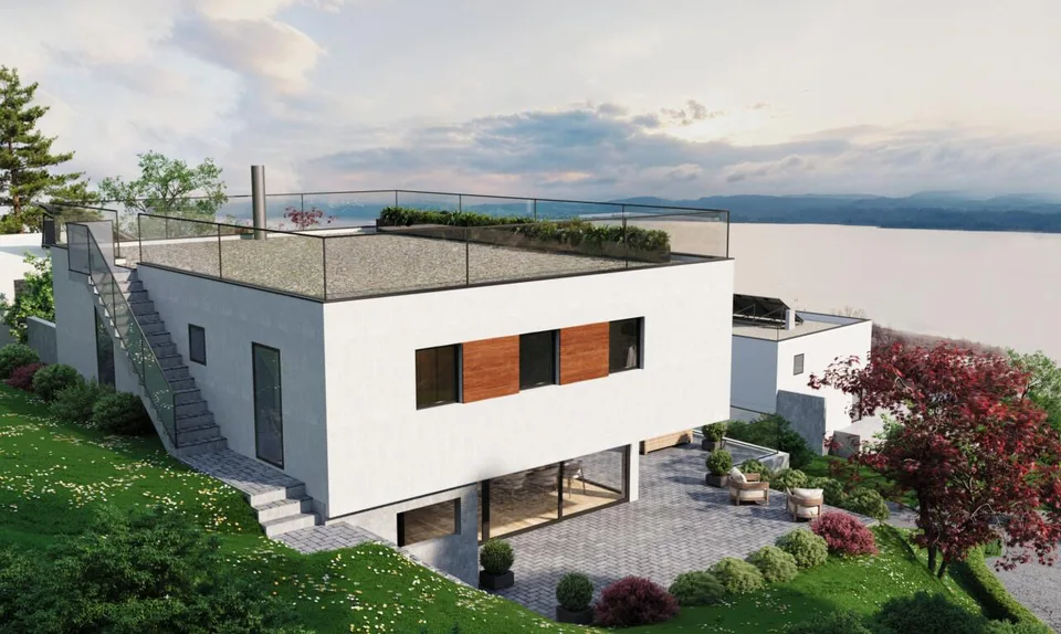 Villa d'architecte avec vue panoramique sur le lac et les montagnes