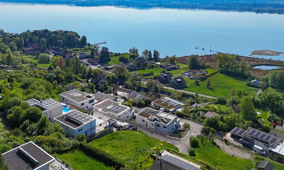 Villa architettonica con vista panoramica sul lago e sulle montagne