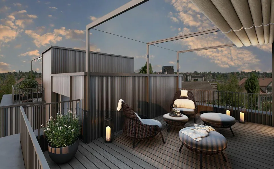 Vita urbana con idillio di giardino e terrazza soleggiata sul tetto