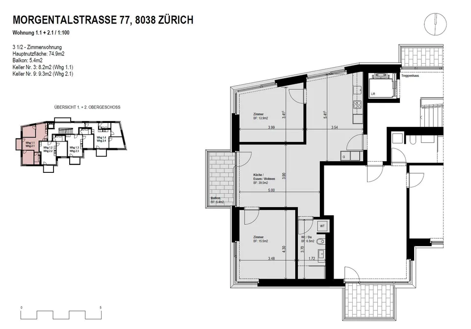 Appartamento moderno e luminoso di 3,5 locali a Wollishofen con vista