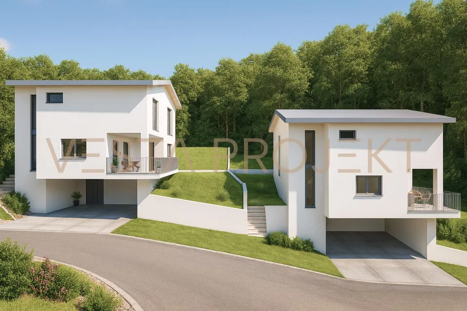 Projet de construction approuvé pour deux maisons unifamiliales modernes avec norme Minergie et vue panoramique