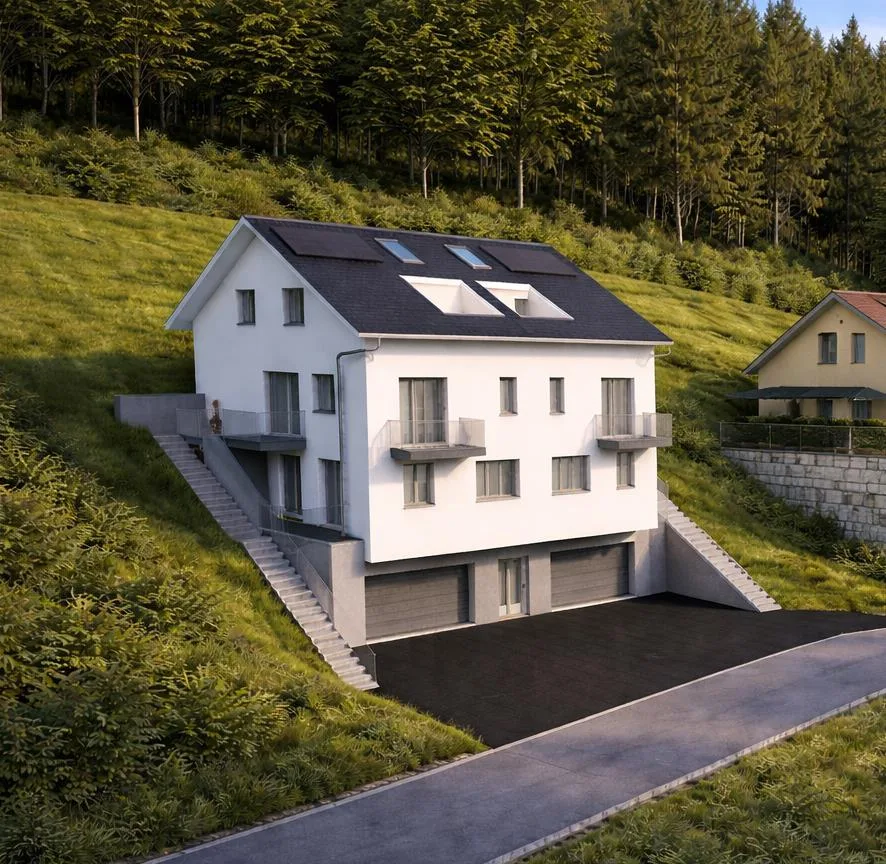 Modernes Neubau-Doppeleinfamilienhaus mit idyllischem Naturpanorama