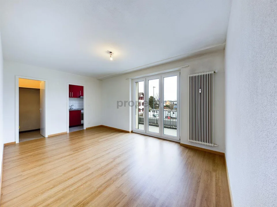 Heller Wohnbereich, gemütlicher Balkon und separates Küchenkonzept
