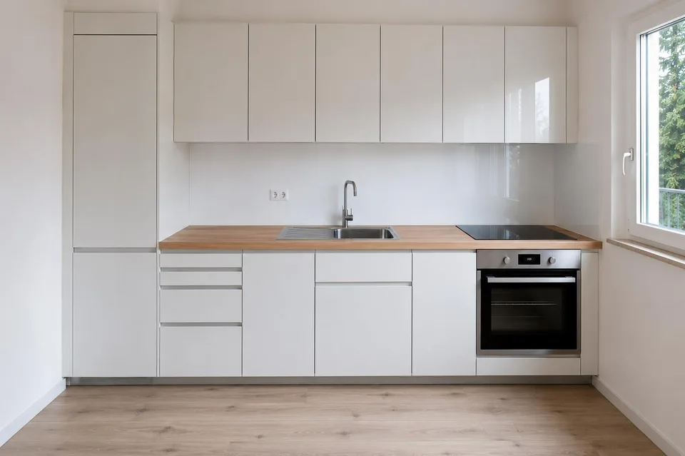 Espace de vie et de repas lumineux, cuisine ouverte moderne et balcon accueillant
