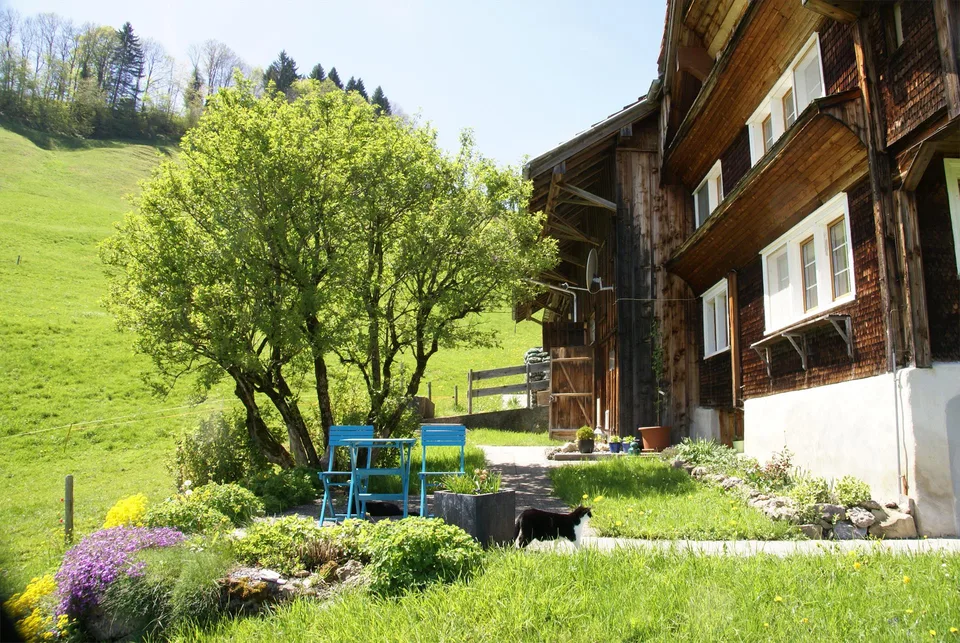 Allein stehendes älteres Bauerhaus mit Bergpanorama
