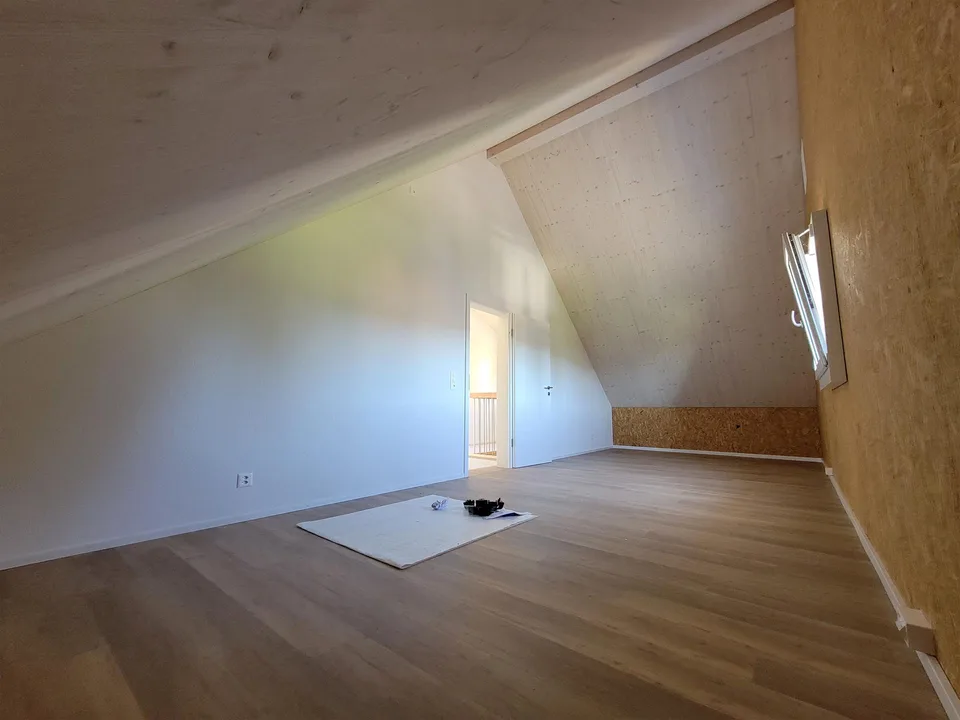 Hohe Decken im Wohnzimmer, modernes Dachgeschoss in 2024 renoviert und stilvoller Ausbau