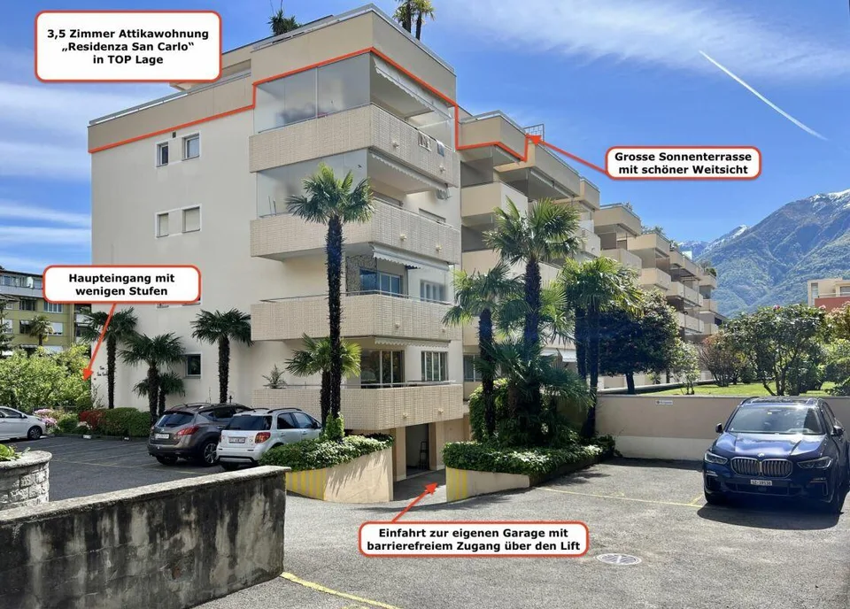 Elegant attic apartment with large sun terrace and community pool - near lake and center of Ascona