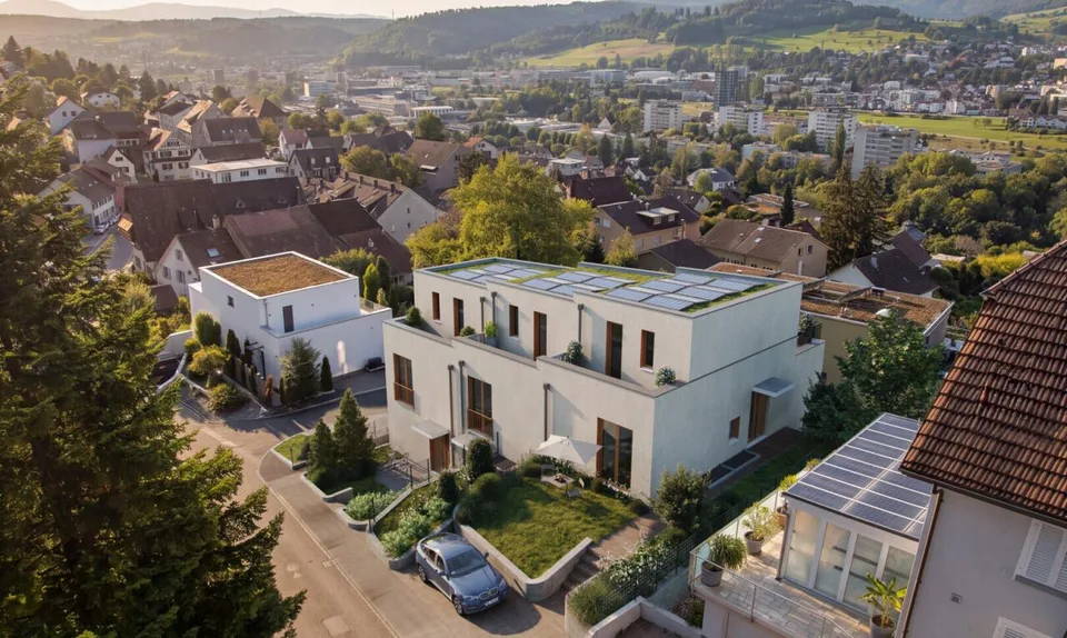 Reiheneckhaus mit Attika, Garten und Weitblick