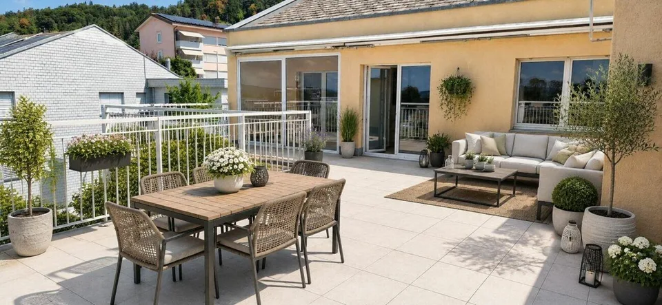 Traumhafte Attika-Wohnung (Maisonette) mit grosser Terrasse+Balkon ...