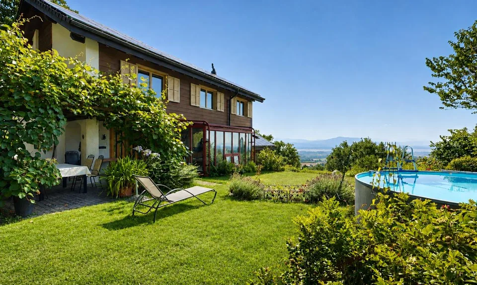 Maison en lisière de forêt, vue lac et Alpes