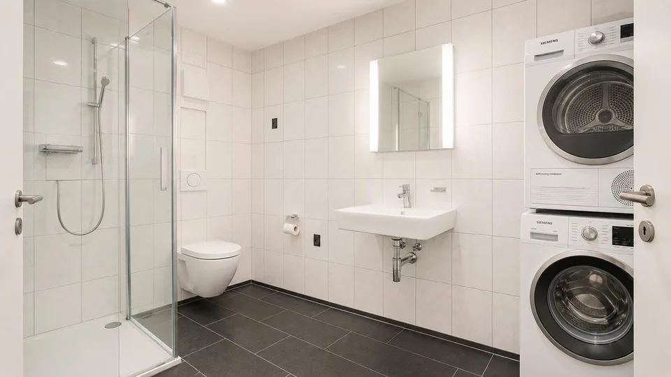 Gemütliches Zuhause mit eigenem Sitzplatz und Waschturm