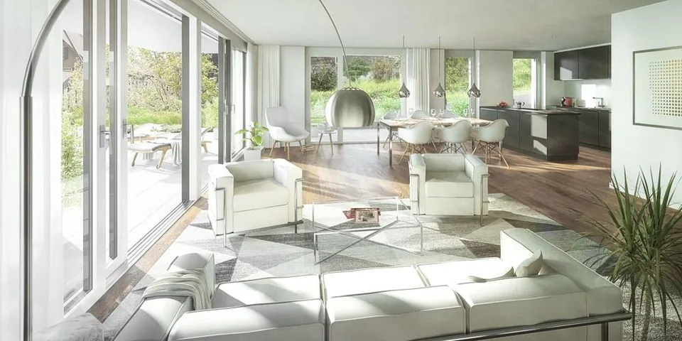 Grande terrasse et extension moderne au-dessus du brouillard