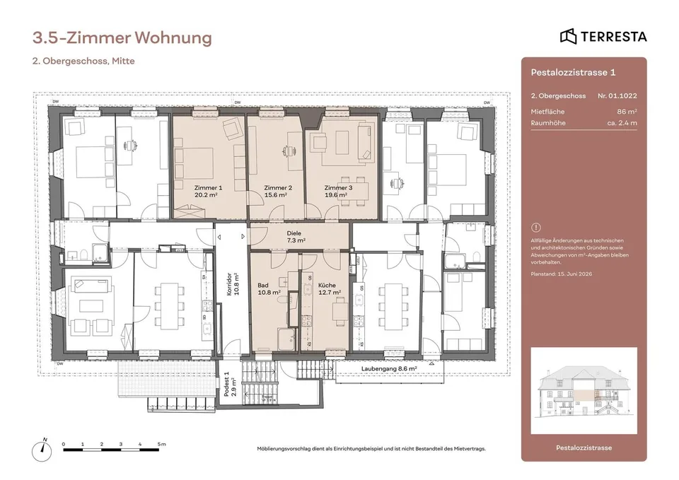 Renovierte und elegante 3.5-Zimmer-Wohnung im 2. Stock