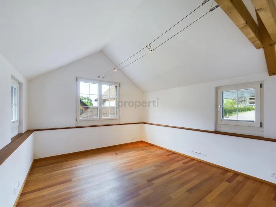 Hohe Decken, 28 m² Terrasse mit Blick auf den historischen Dorfkern...