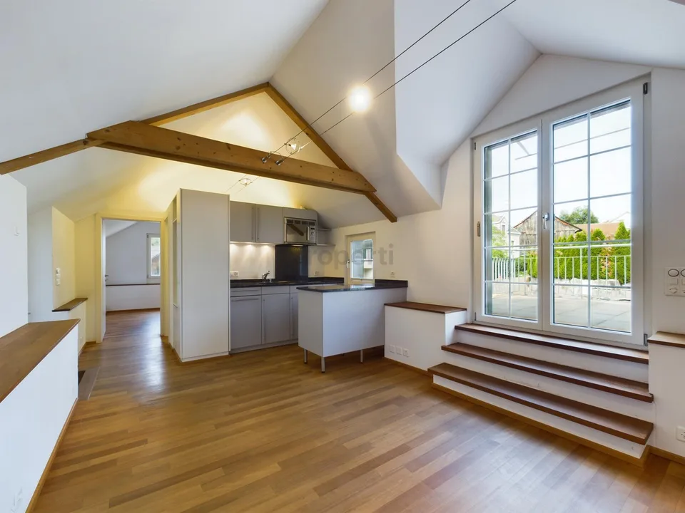 Hohe Decken, 28 m² Terrasse mit Blick auf den historischen Dorfkern...