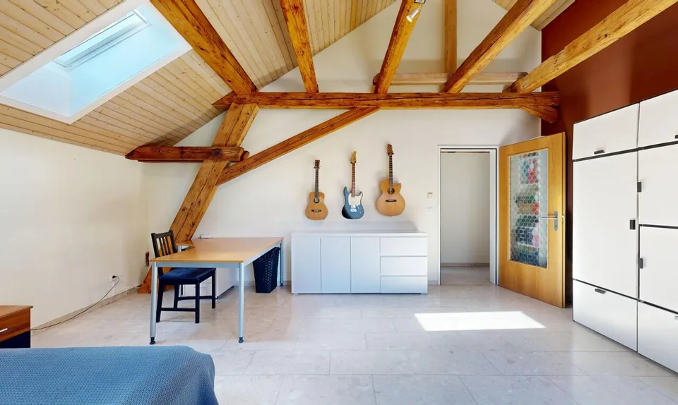 Unique attic apartment with fireplace and visible beams – photo 7 of 11
