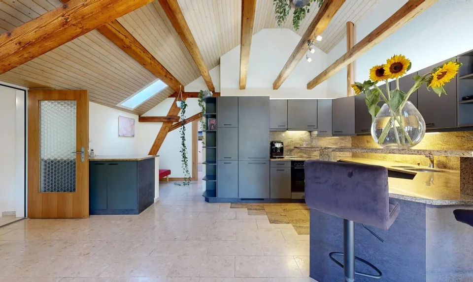 Unique attic apartment with fireplace and visible beams – photo 3 of 11