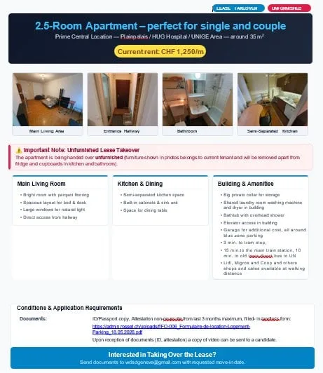 lease takeover - reprise bail Flat (2.5 rooms, 35 m²)
