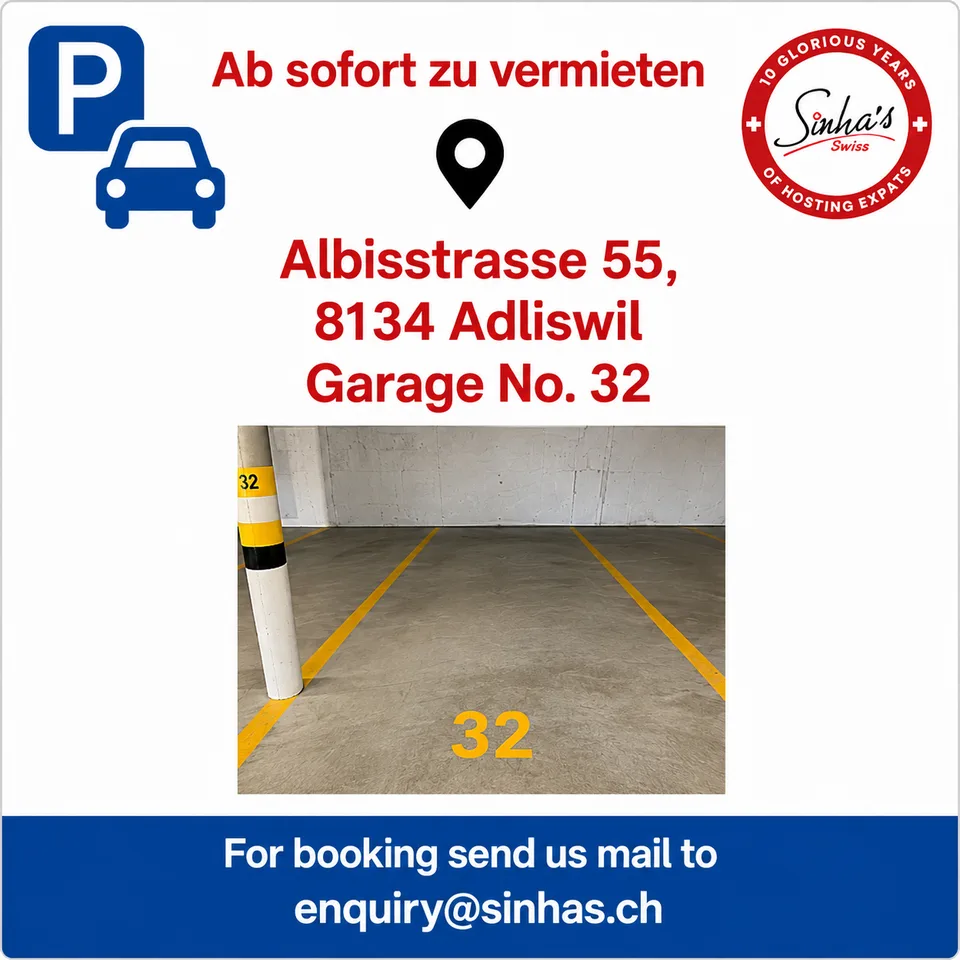 Covered Garage Parking Space Available to Rent in Albisstrasse 55, Adliswil
