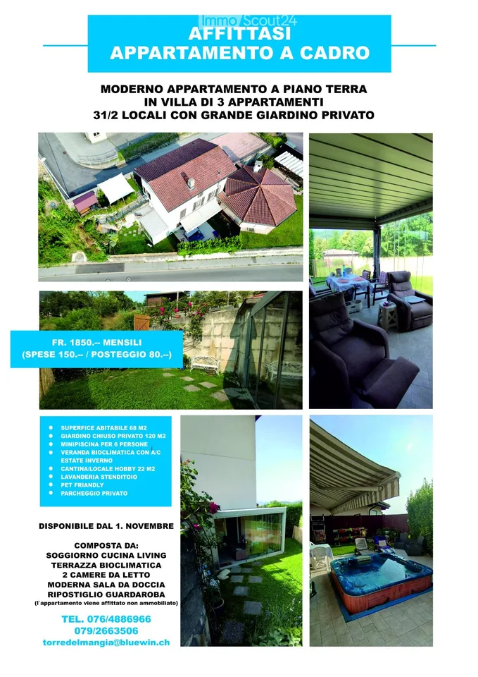 Appartement exclusif de 3½ pièces, jardin, pergola