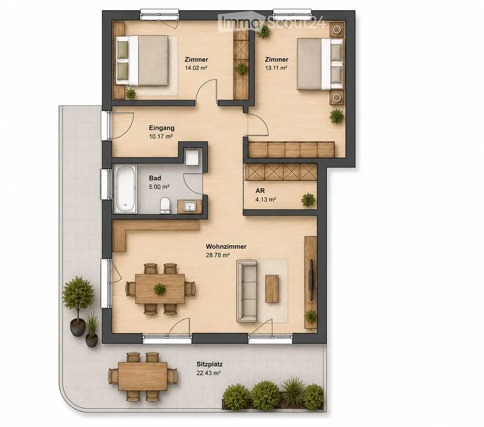 Appartement moderne, calme et central de 3,5 pièces avec grande terrasse