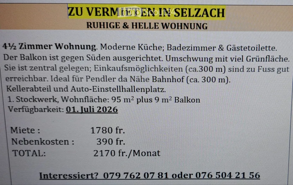 zu Vermieten 4 1/2 Zimmer Wohnung