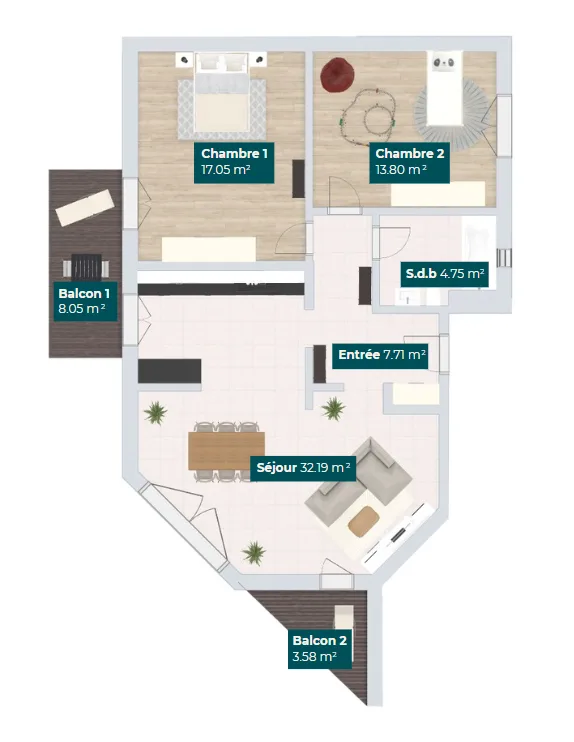 Appartement de 3,5 pièces entièrement rénové avec 2 balcons
