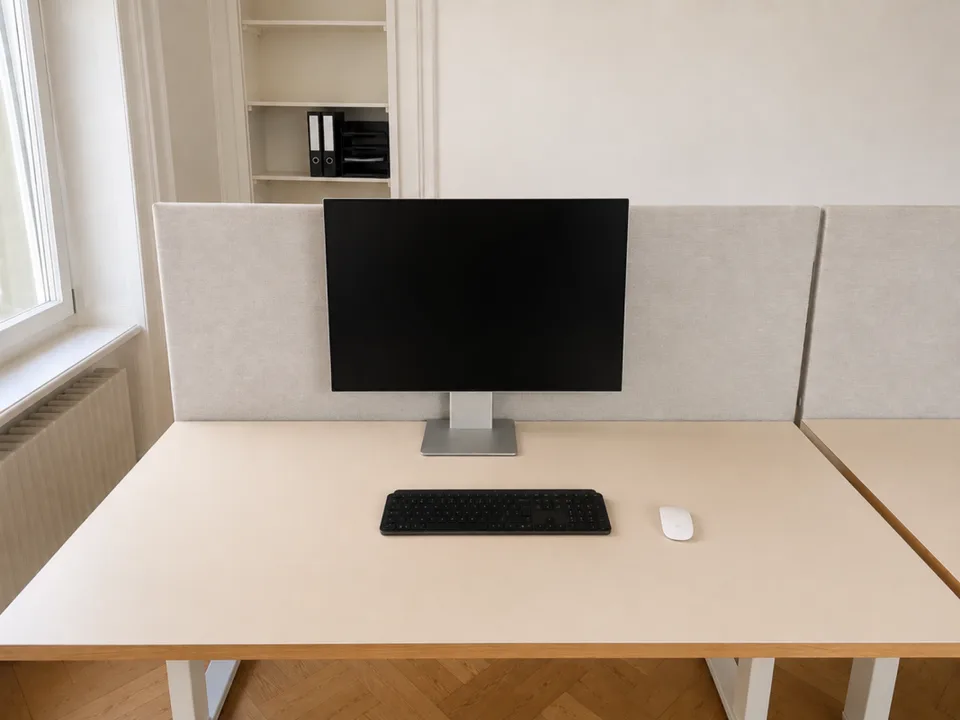 Einzelner vollausgestatteter Arbeitsplatz im Gemeinschaftsbüro