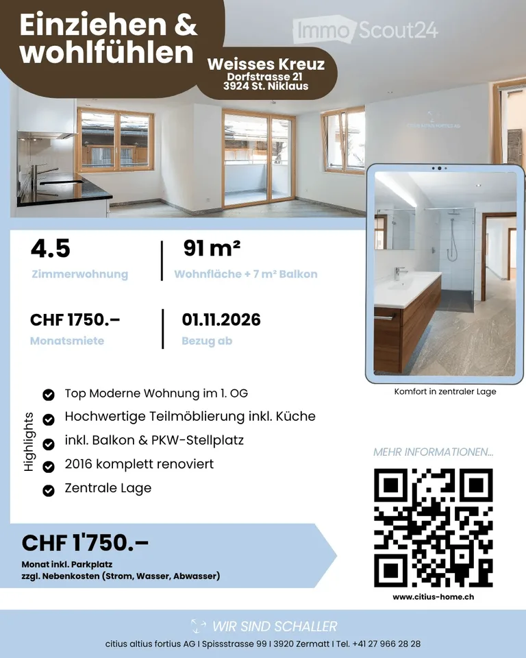 Move in & feel at home: Partially furnished 4.5-room apartment with balcony in St. Niklaus