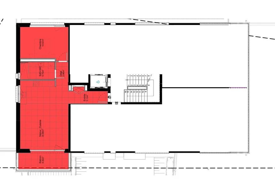 2½ rooms on the 1st floor (Lot A07, plan in red)