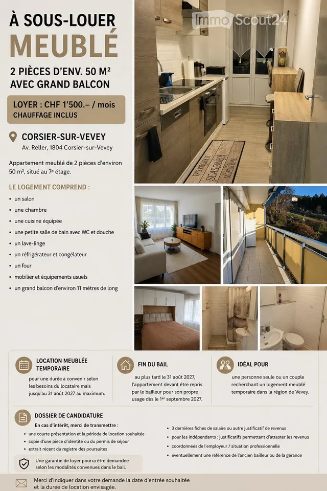Sous-location 50m2 meublé jusqu'au 31.08.2027 max