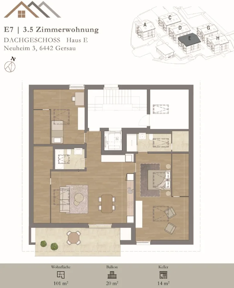 Appartement lumineux, neuf et luxueux de 3½ pièces (E7) au dernier étage avec grand balcon