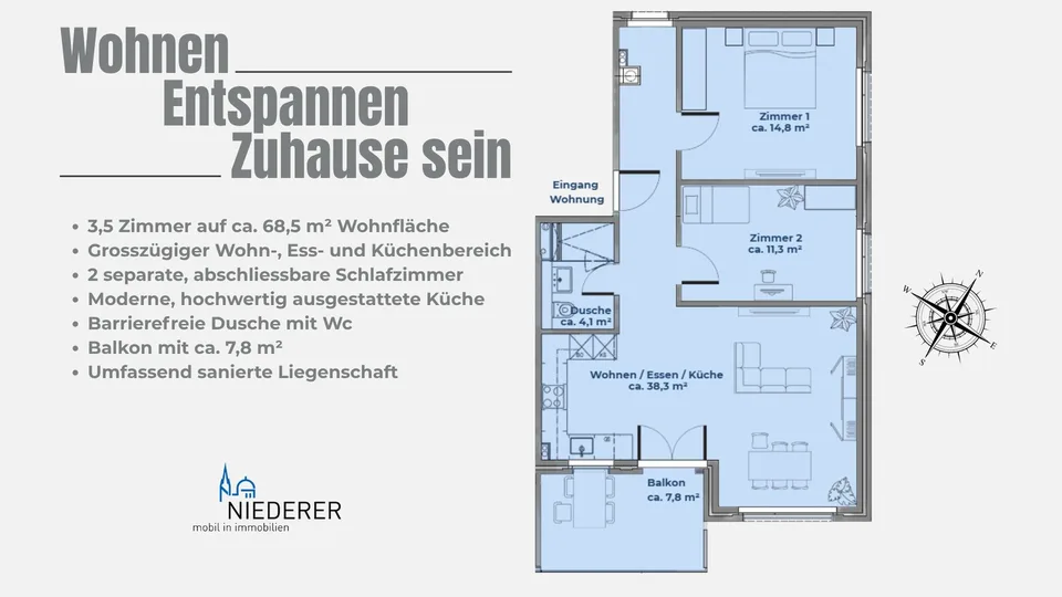 Modern wohnen: Sanierte 3½-Zimmer-Wohnung mit Balkon – Foto 2 von 7