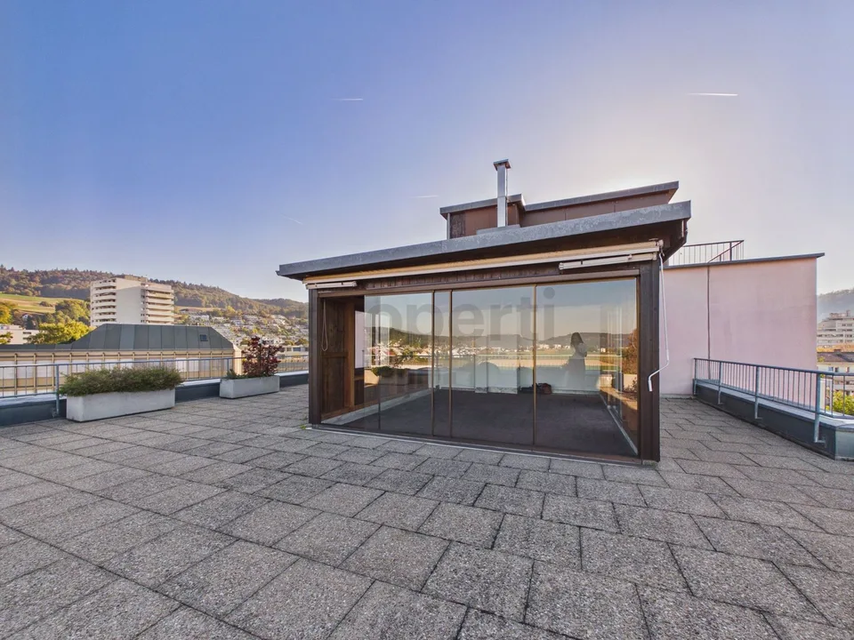 Appartamento 4,5/5,5 locali con terrazza sul tetto privata di 120 m² con padiglione vetrato, caminetto, balcone sud e posto auto sotterraneo! – foto 10 di 13