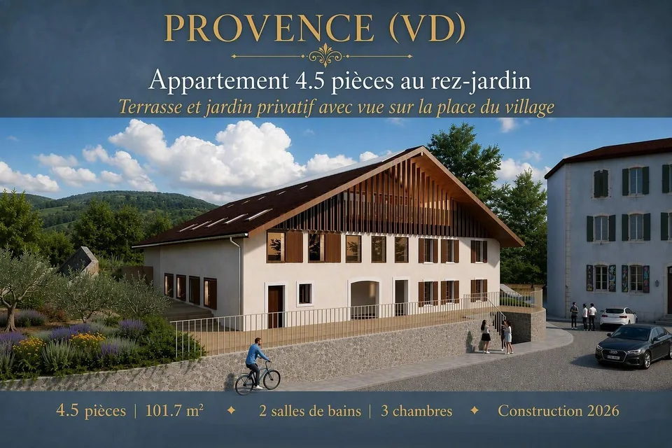 Appartement 4.5 pièces au rez-jardin — Terrasse et jardin privatif avec vue sur la place du village