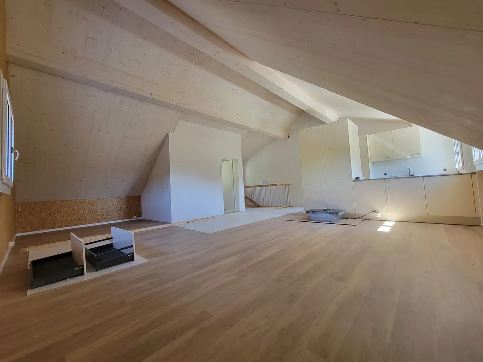 High ceilings in the living room, modern attic renovated in 2024 and stylish expansion